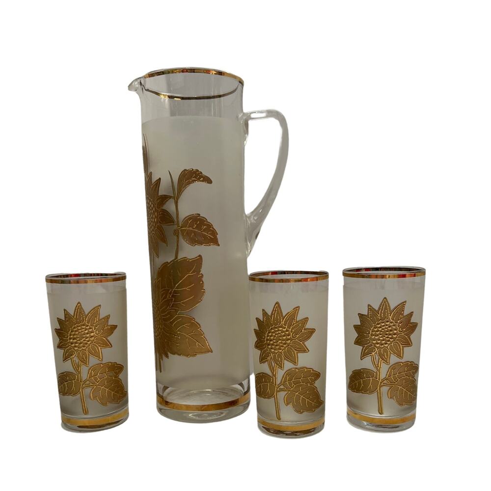 Vintage Rare Gold Sunflower Raised Frosted Pitcher and 3 Glass Set